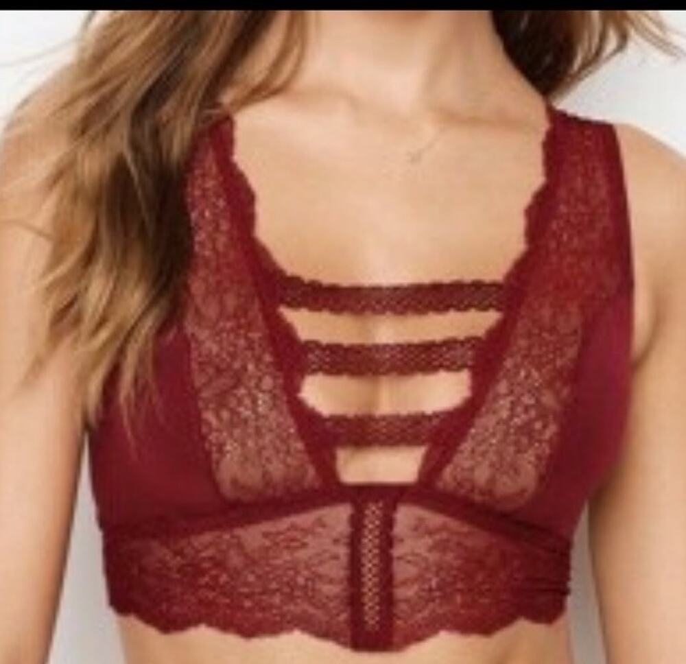 Victoria’s Secret Bralette Bra Sexy Mesh Lace Unlined Longline Burgundy XS